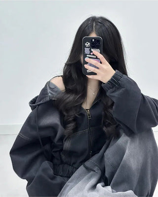 Cropped Double Zip Hooded Denim Jacket