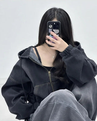 Cropped Double Zip Hooded Denim Jacket