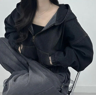 Cropped Double Zip Hooded Denim Jacket