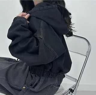 Cropped Double Zip Hooded Denim Jacket