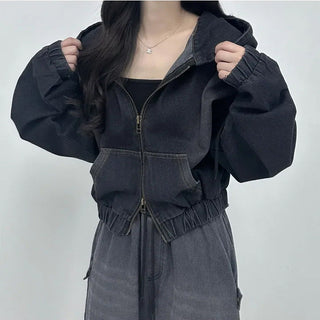 Cropped Double Zip Hooded Denim Jacket