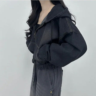 Cropped Double Zip Hooded Denim Jacket