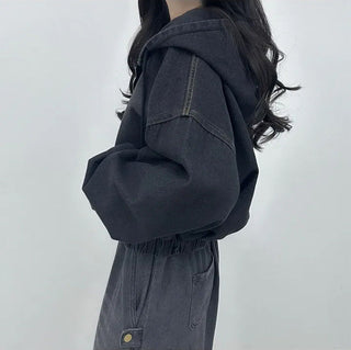Cropped Double Zip Hooded Denim Jacket