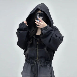 Cropped Double Zip Hooded Denim Jacket