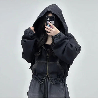 Cropped Double Zip Hooded Denim Jacket