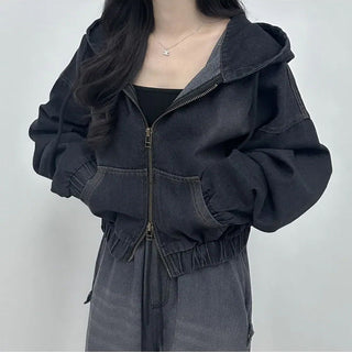 Cropped Double Zip Hooded Denim Jacket