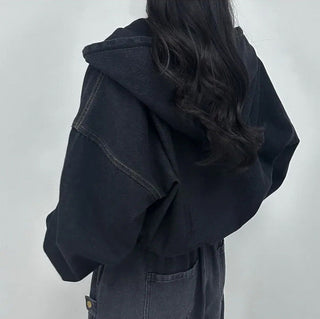 Cropped Double Zip Hooded Denim Jacket