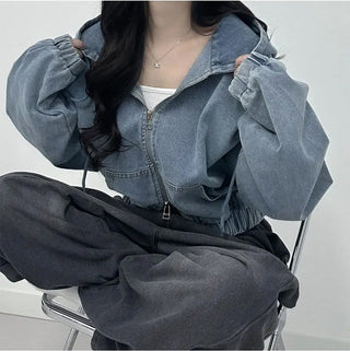 Cropped Double Zip Hooded Denim Jacket