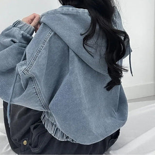 Cropped Double Zip Hooded Denim Jacket