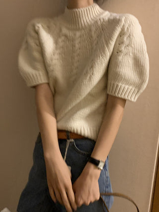 Stand collar bubble sleeve twist short sleeve sweater