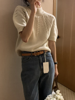 Stand collar bubble sleeve twist short sleeve sweater