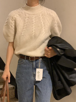 Stand collar bubble sleeve twist short sleeve sweater