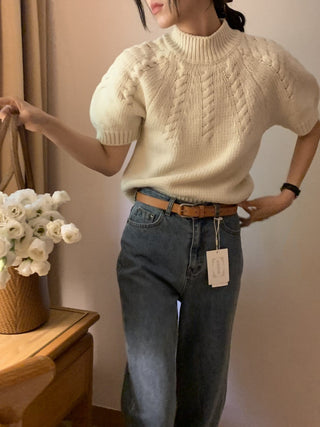 Stand collar bubble sleeve twist short sleeve sweater