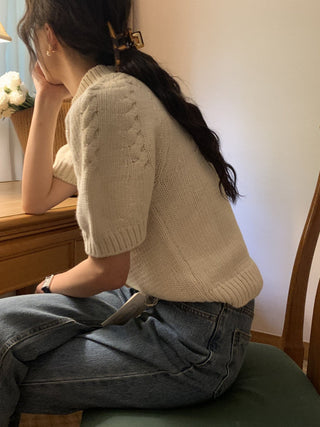 Stand collar bubble sleeve twist short sleeve sweater