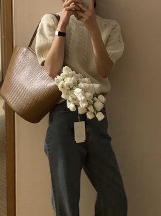 Stand collar bubble sleeve twist short sleeve sweater