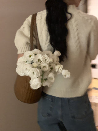 Stand collar bubble sleeve twist short sleeve sweater