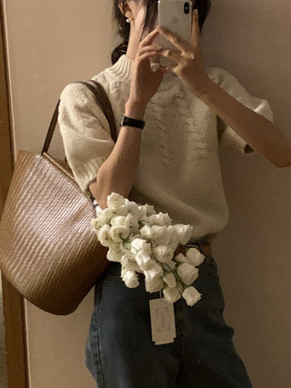 Stand collar bubble sleeve twist short sleeve sweater