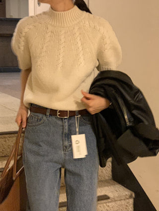 Stand collar bubble sleeve twist short sleeve sweater