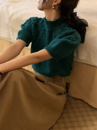 Stand collar bubble sleeve twist short sleeve sweater