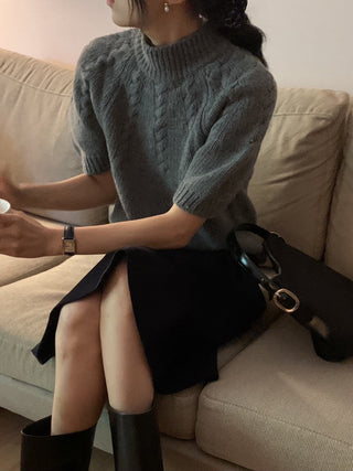 Stand collar bubble sleeve twist short sleeve sweater