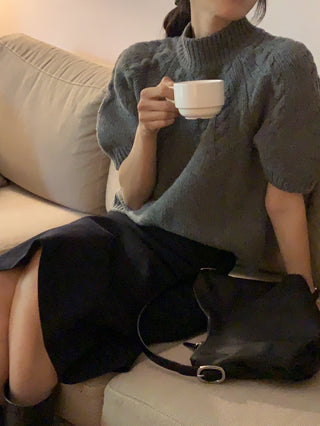 Stand collar bubble sleeve twist short sleeve sweater