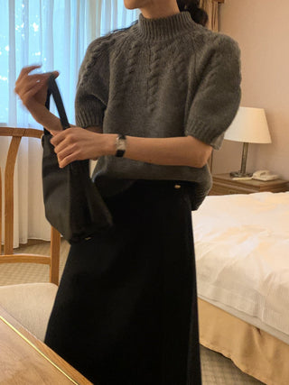 Stand collar bubble sleeve twist short sleeve sweater