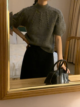Stand collar bubble sleeve twist short sleeve sweater