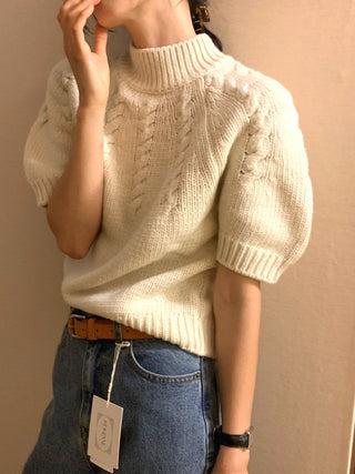 Stand collar bubble sleeve twist short sleeve sweater