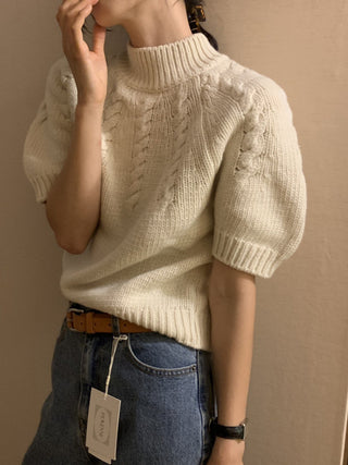 Stand collar bubble sleeve twist short sleeve sweater
