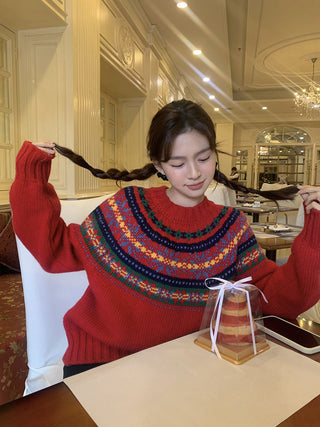 Retro crew neck knitted Sweater