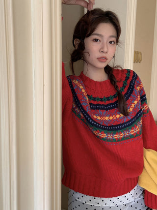 Retro crew neck knitted Sweater