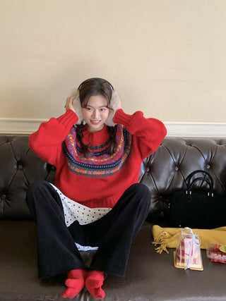 Retro crew neck knitted Sweater