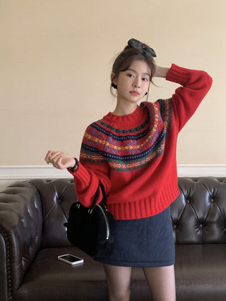 Retro crew neck knitted Sweater