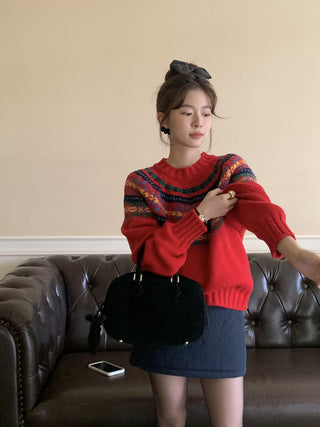 Retro crew neck knitted Sweater