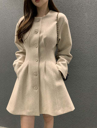 Retro round neck slim waist woolen coat