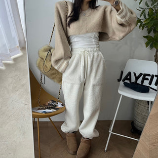 High waist drawstring polar fleece pants