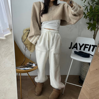 High waist drawstring polar fleece pants