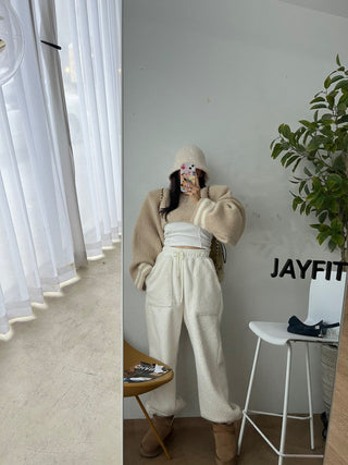 High waist drawstring polar fleece pants