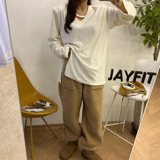 High waist drawstring polar fleece pants