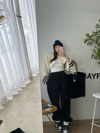 High waist drawstring polar fleece pants