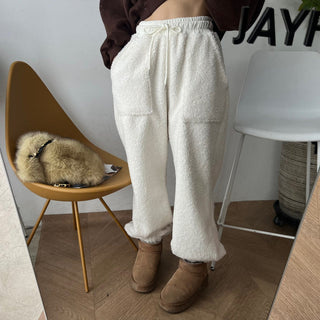 High waist drawstring polar fleece pants
