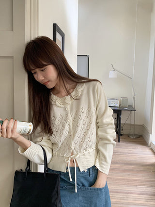 Lace-up long sleeve knitted sweater