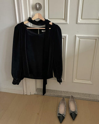 V-neck Ribbon Velvet Long Sleeve Shirt