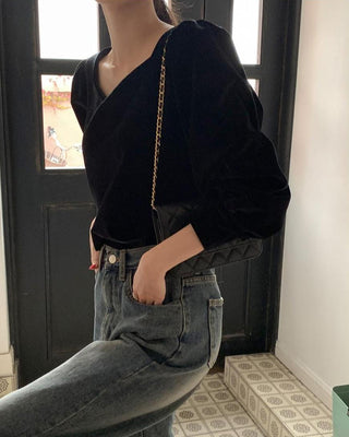 V-neck Ribbon Velvet Long Sleeve Shirt