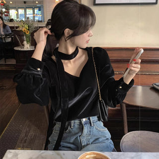 V-neck Ribbon Velvet Long Sleeve Shirt