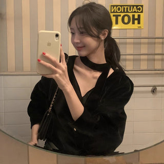 V-neck Ribbon Velvet Long Sleeve Shirt