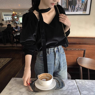 V-neck Ribbon Velvet Long Sleeve Shirt