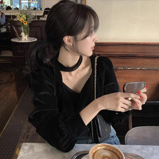 V-neck Ribbon Velvet Long Sleeve Shirt