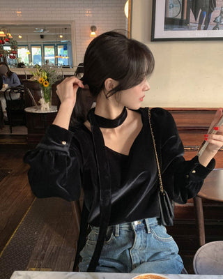 V-neck Ribbon Velvet Long Sleeve Shirt