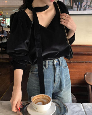 V-neck Ribbon Velvet Long Sleeve Shirt